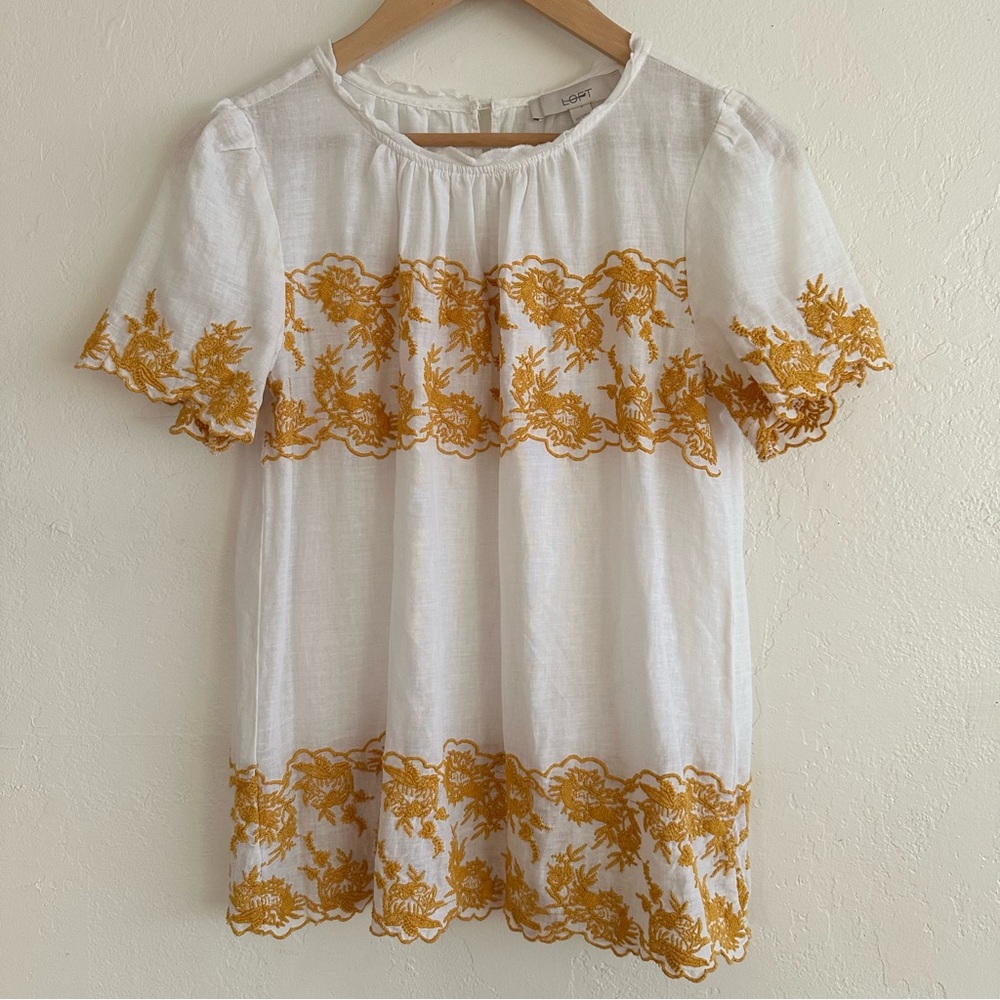 LOFT Linen Blend Embroidered Yellow and White Size XS Cottage Boho Romantic Top
